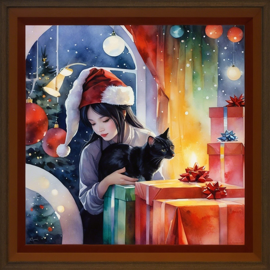 Watercolor of Woman with Cat in Christmas Setting
