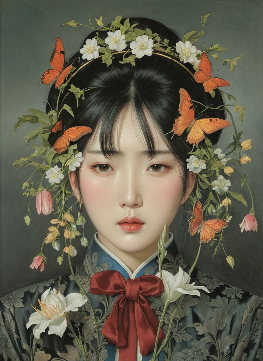 Portrait of a young woman with floral headdress and elegance
