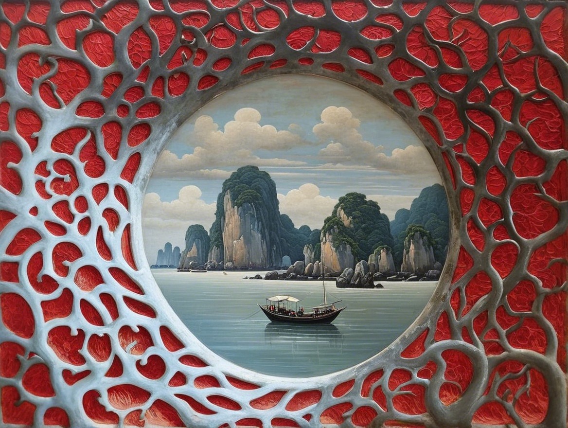 Coastal Landscape with Boat and Textured Border