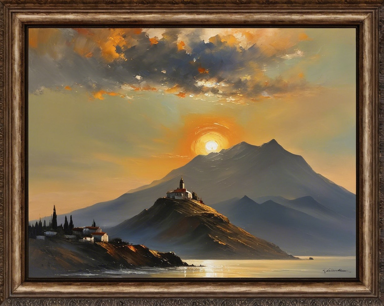 Oil Painting of Sunset Over Water with Mountains and Clouds
