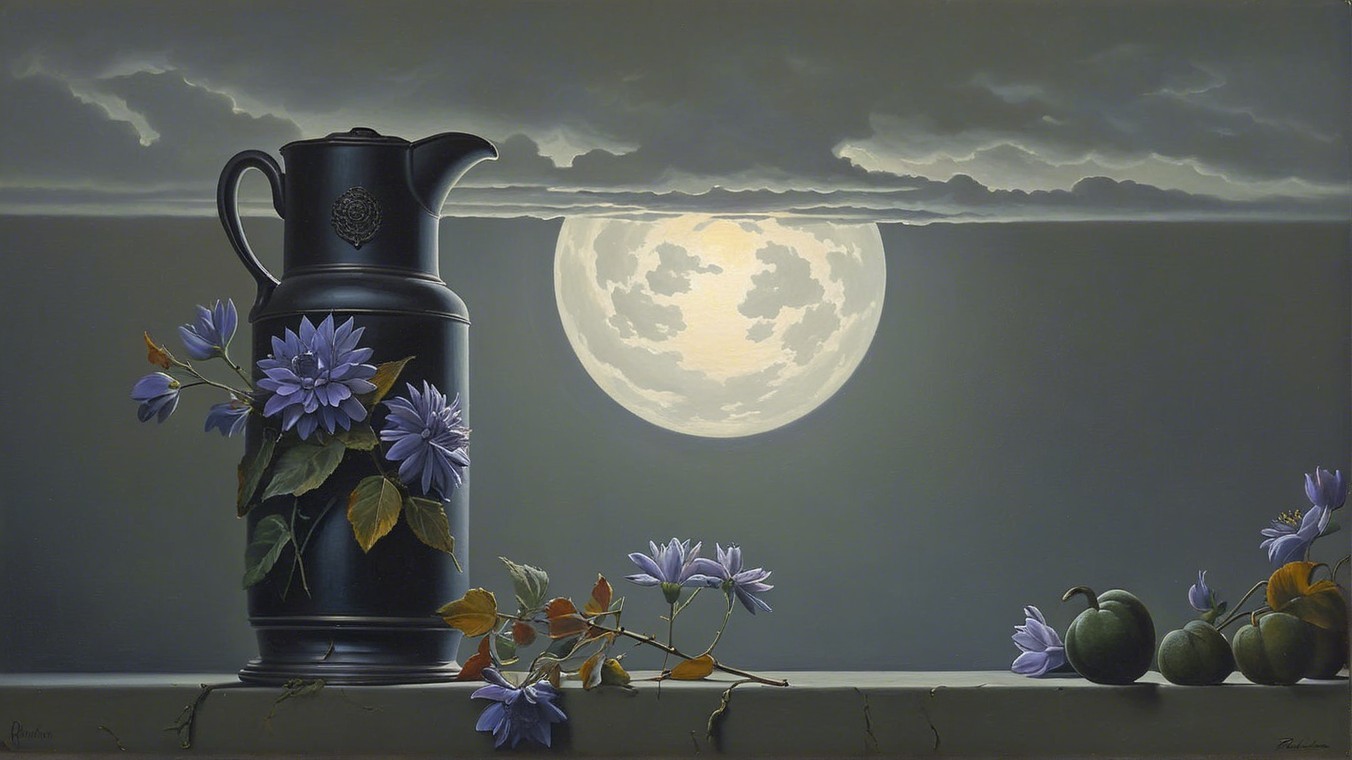 Still Life with Dark Pitcher and Blue Flowers Under Moon