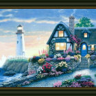 Statue of a woman in a flower-filled misty landscape