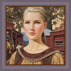 Santa Claus in a blue and red suit in a golden sleigh