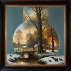 Oil Painting of Children Playing with Dogs in Snow