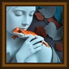 Oil Painting of Woman in Red Kimono with Blue Face