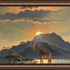 Oil Painting of Sunset Over Water with Mountains and Clouds