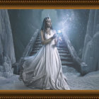 Majestic figure in white and purple garments amidst flowers