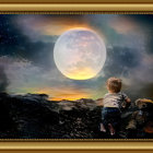 Surreal Landscape with Girls in Witch Hats and Moon