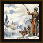 Whimsical Painting of Alien Santa with Children in Snow