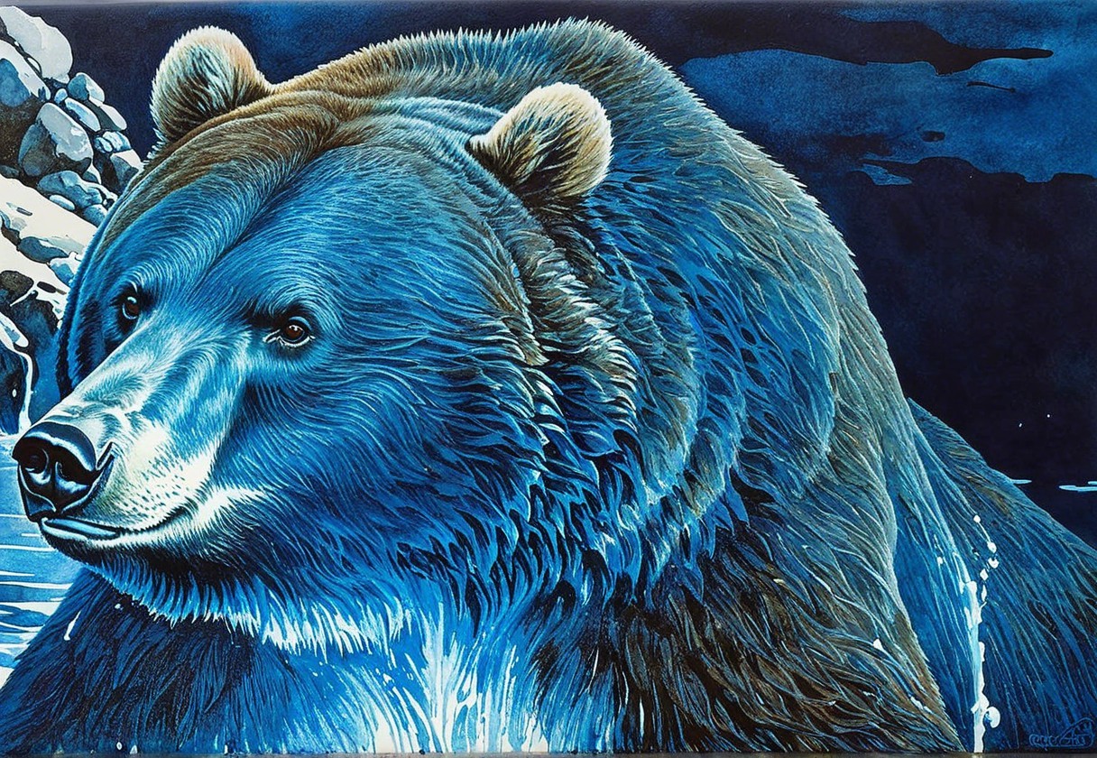 Stylized Blue Bear Depiction in Natural Setting