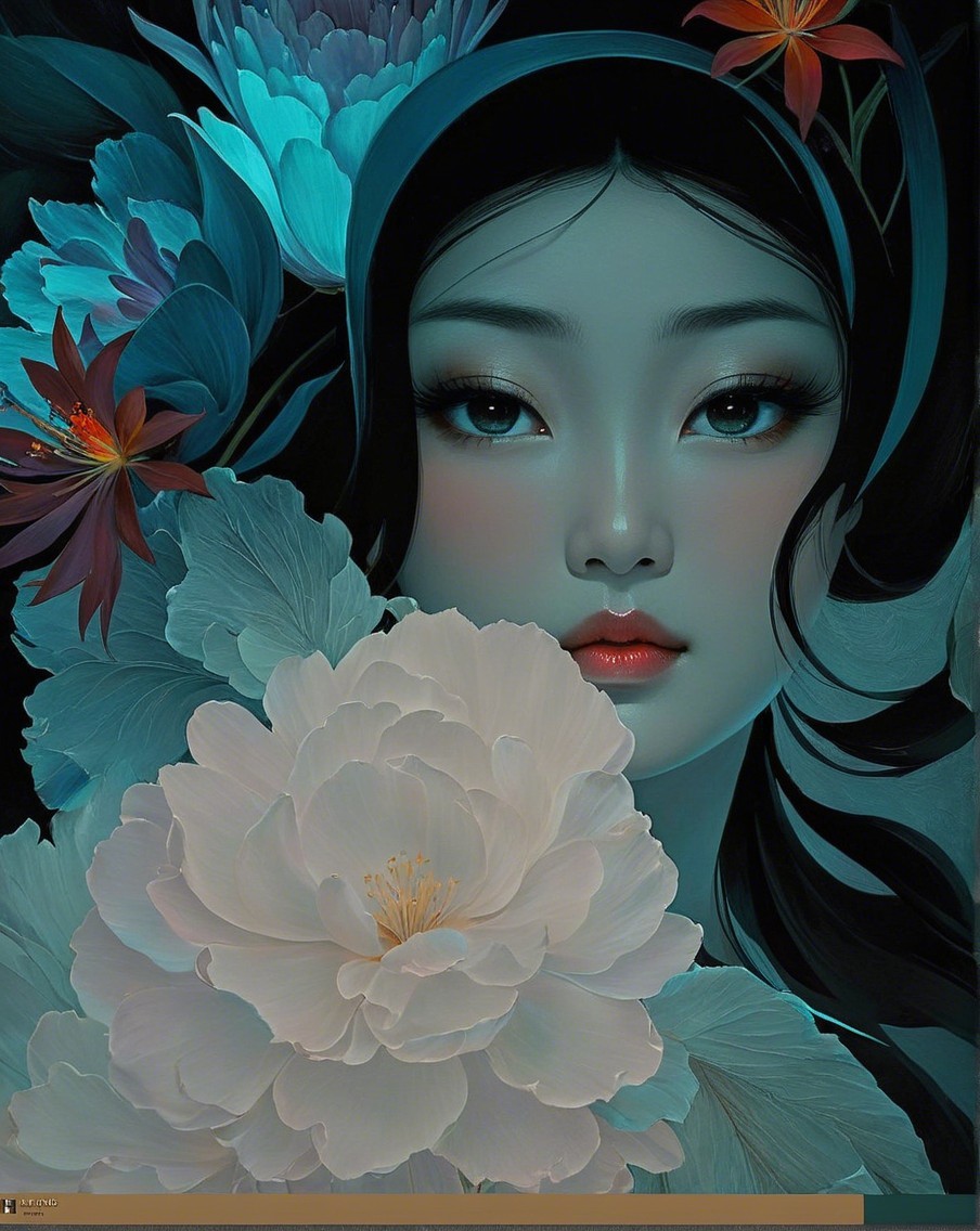Portrait of a serene woman surrounded by vibrant flowers