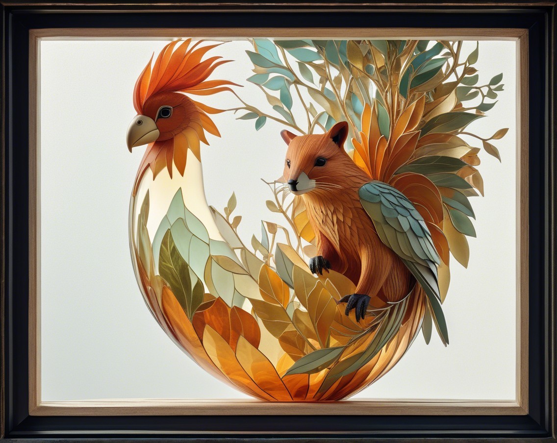 Whimsical Artwork of Bird and Fox in Foliage