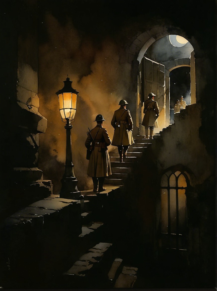 Shadowy Figures Ascending a Stone Staircase at Night