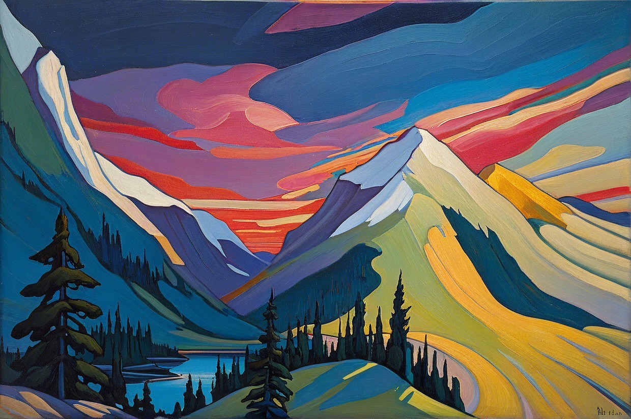 Vibrant Mountain Landscape Painting at Sunset