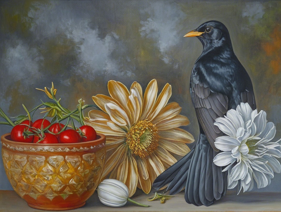 Still-Life Painting with Black Bird and Red Tomatoes