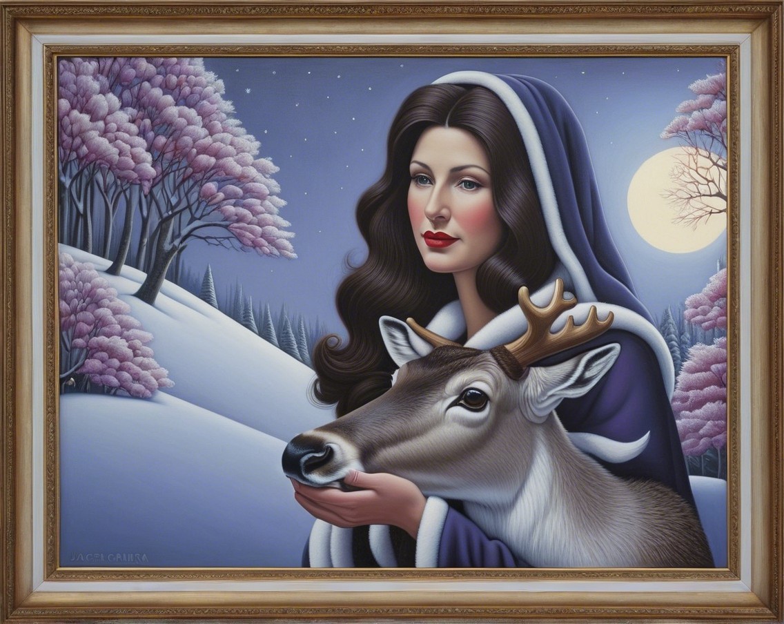 Moonlit Woman in Blue Cloak with Deer in Winter Scene