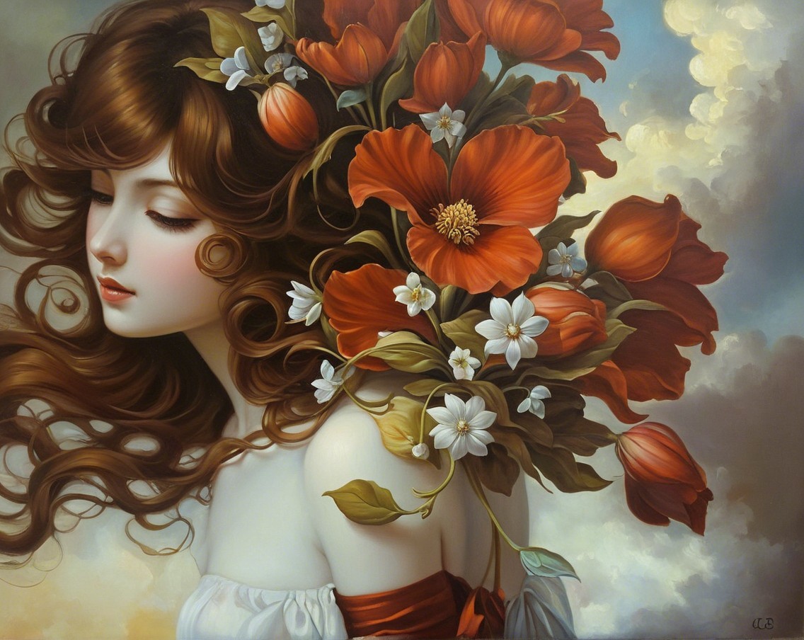 Young Woman with Flowers in Serene Landscape Painting