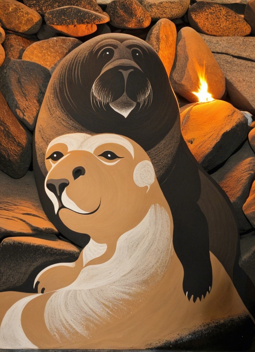 Stylized Rock Art of Seal and Lion with Warm Background