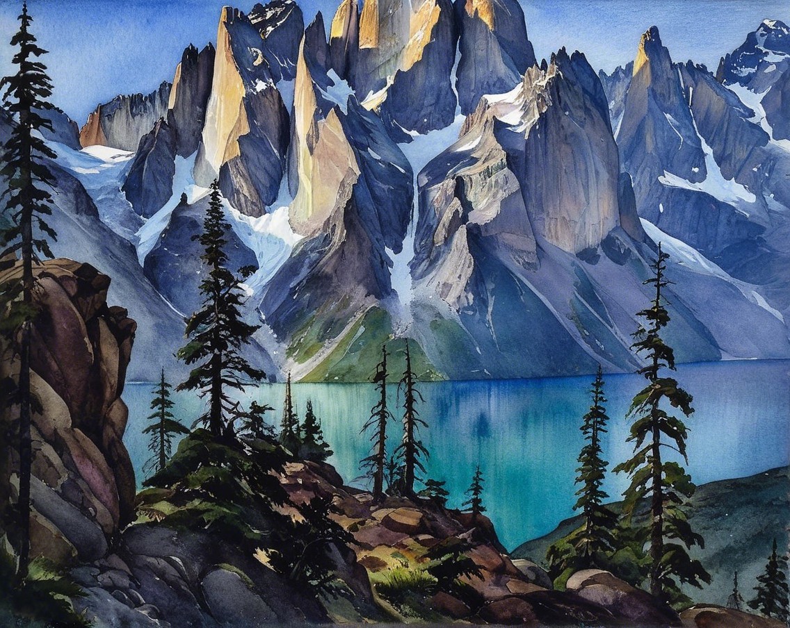 Watercolor Landscape of Mountains and Turquoise Lake