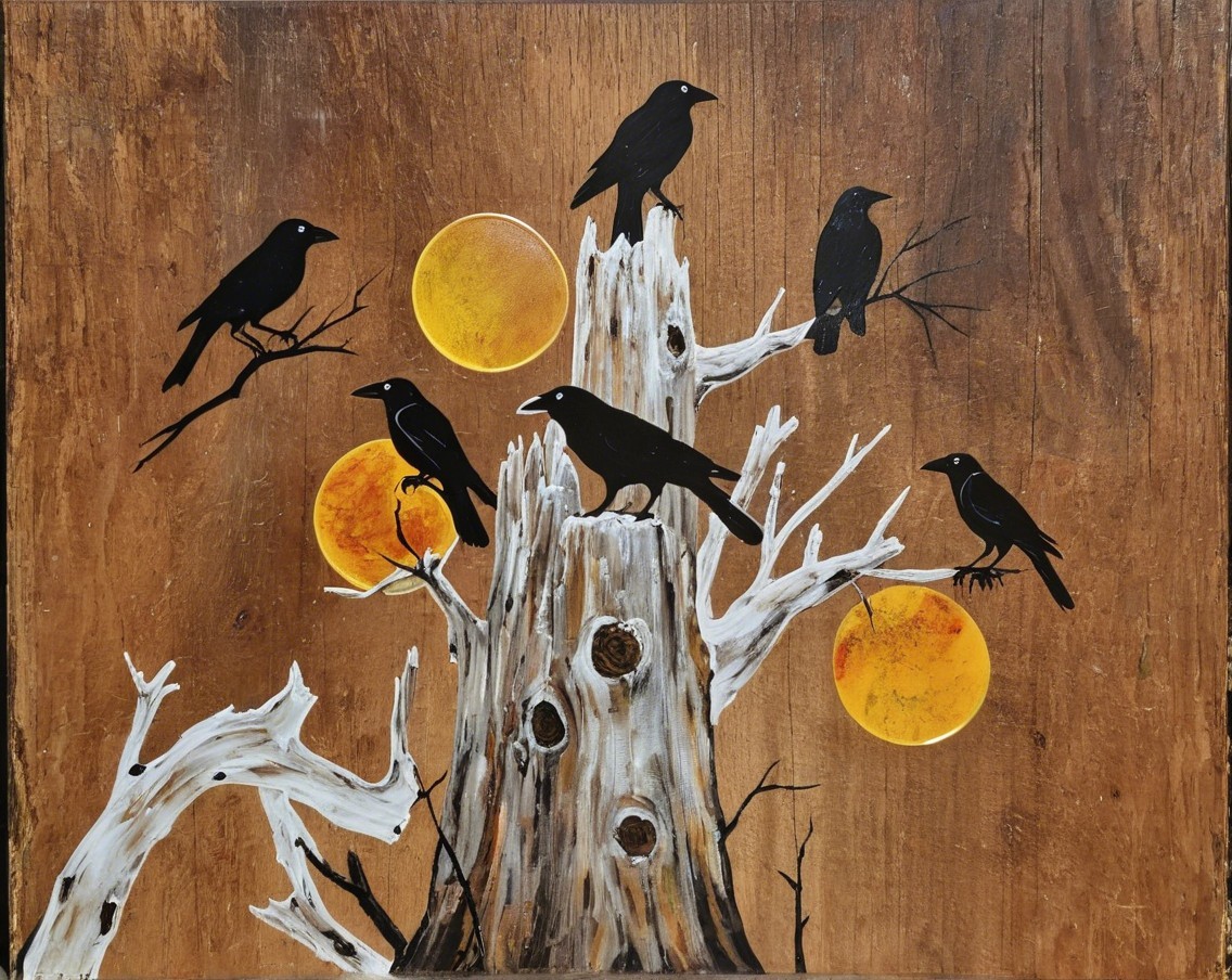 Textured Wooden Background with Tree Stump and Crows