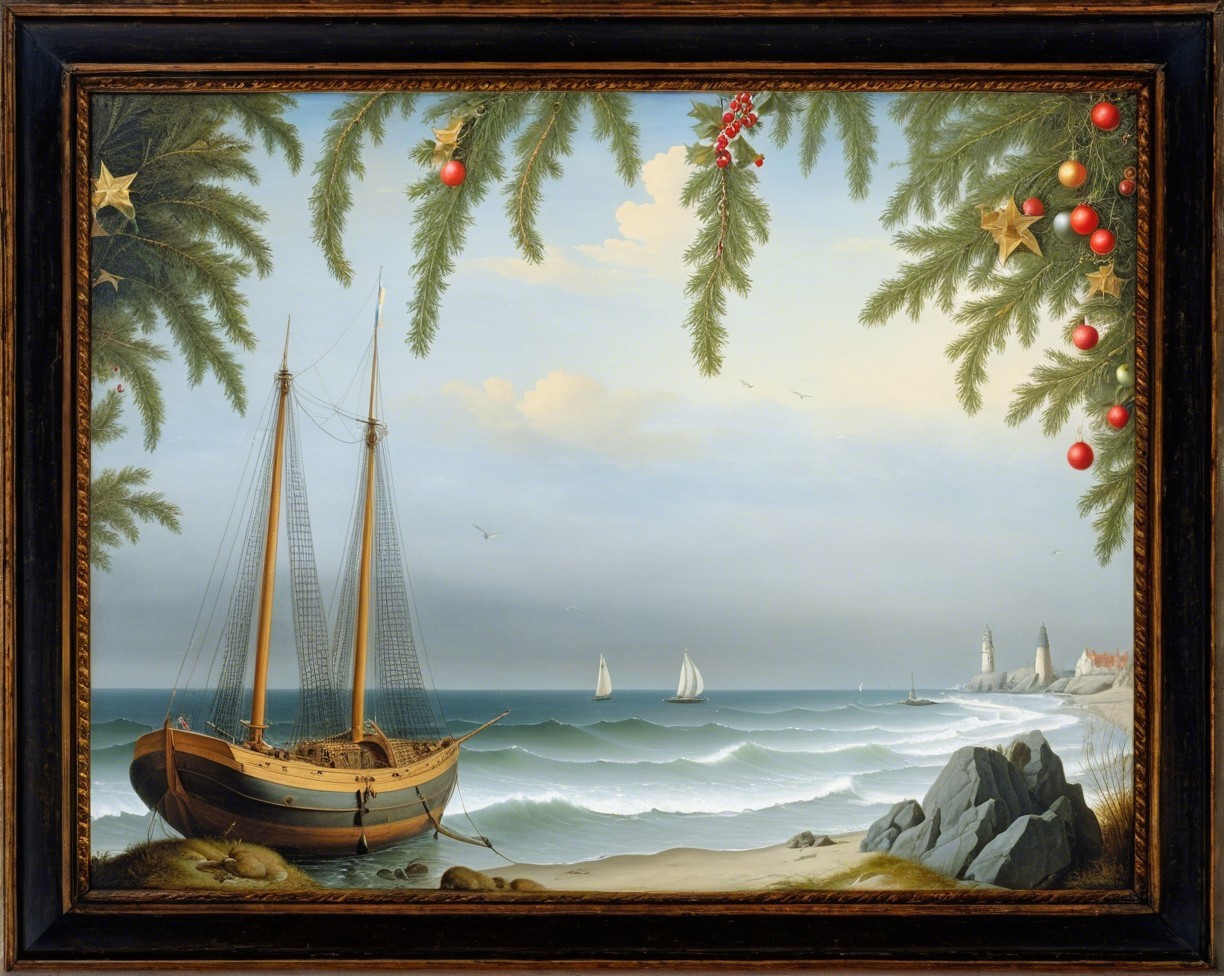 Ocean Shoreline with Pine Trees and Sailing Vessels