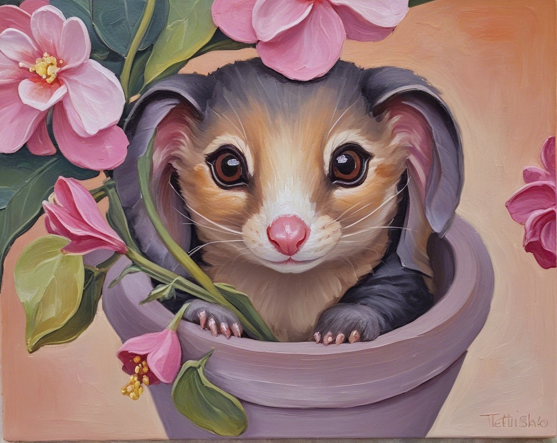 Whimsical Painting of Animal in Flower Pot