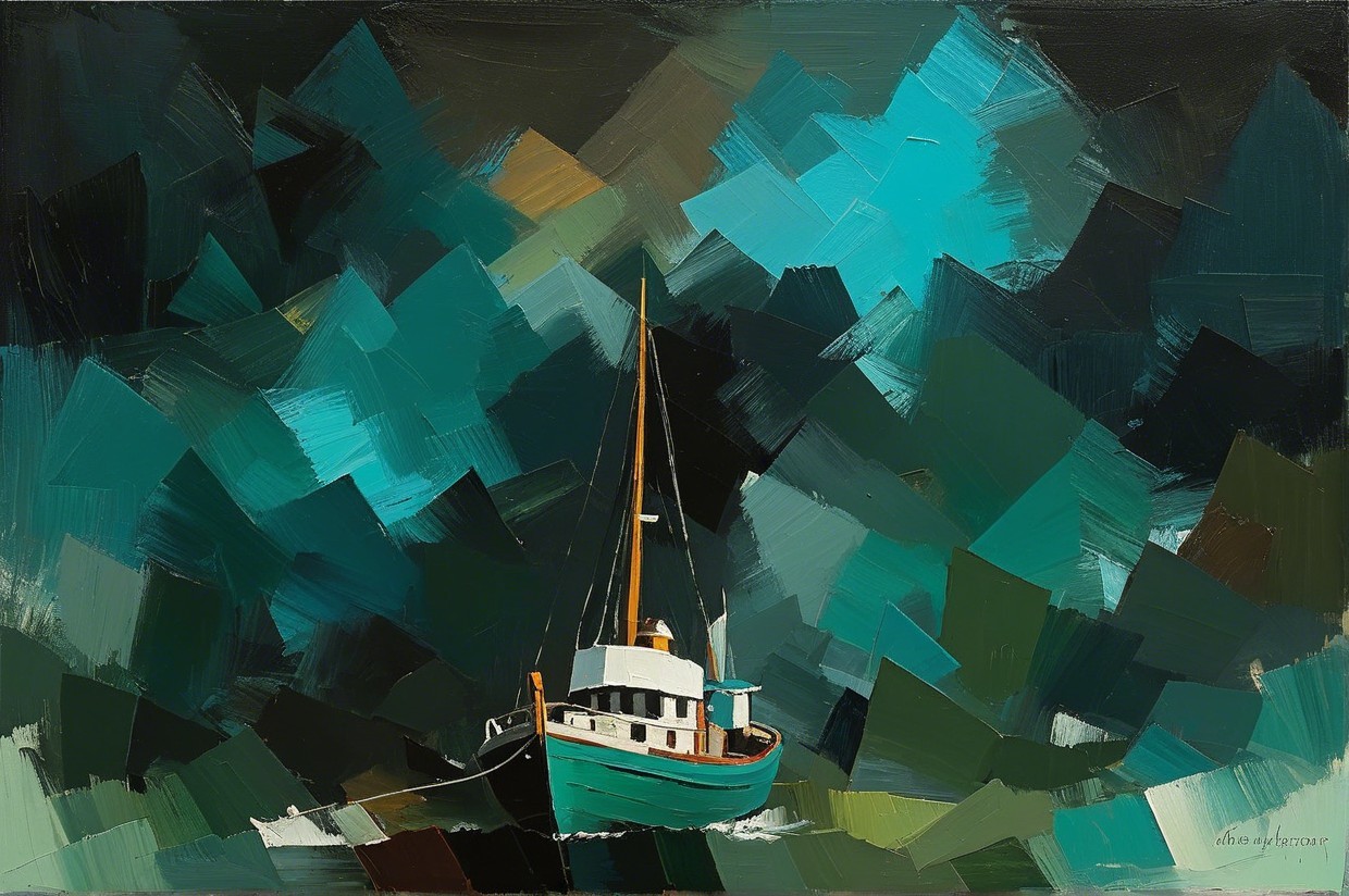 Fishing Boat on Tumultuous Sea with Bold Brushstrokes