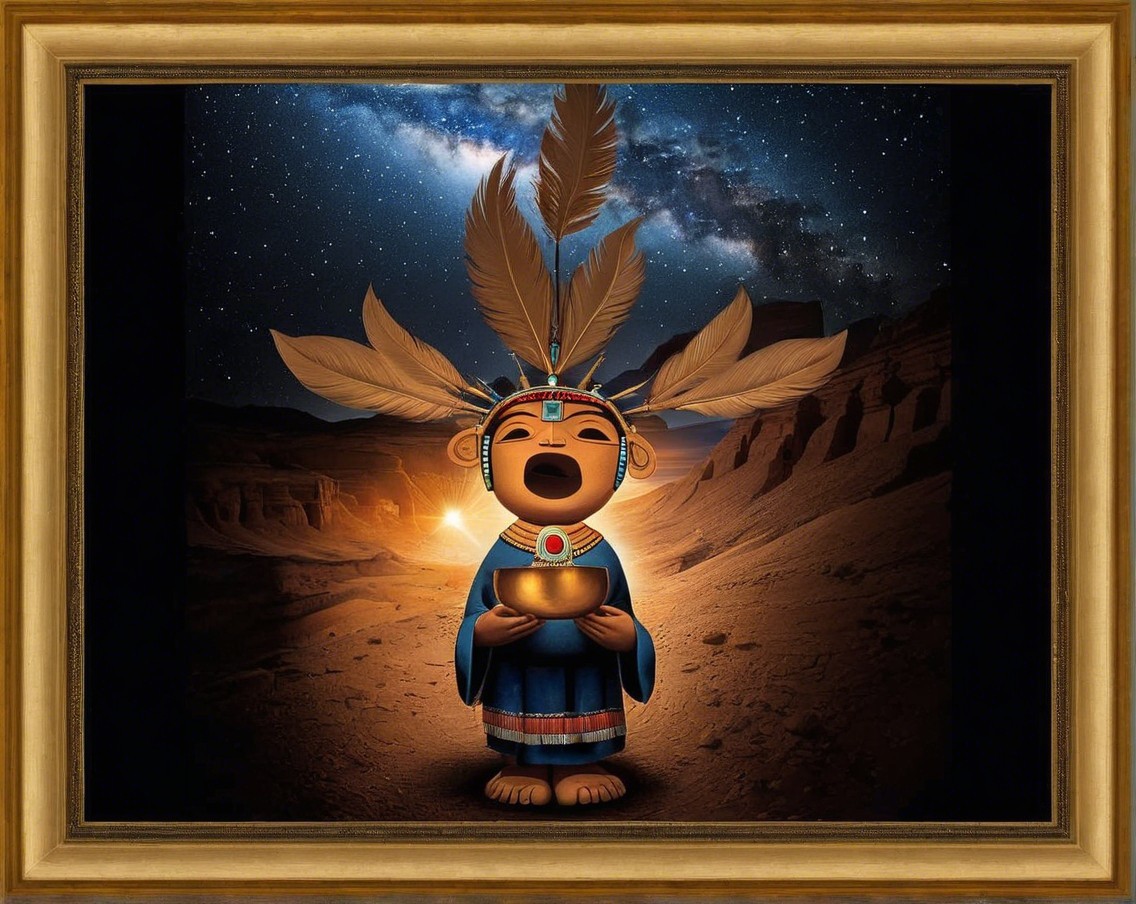 Vibrant Illustration of Feathered Figure in Desert Night