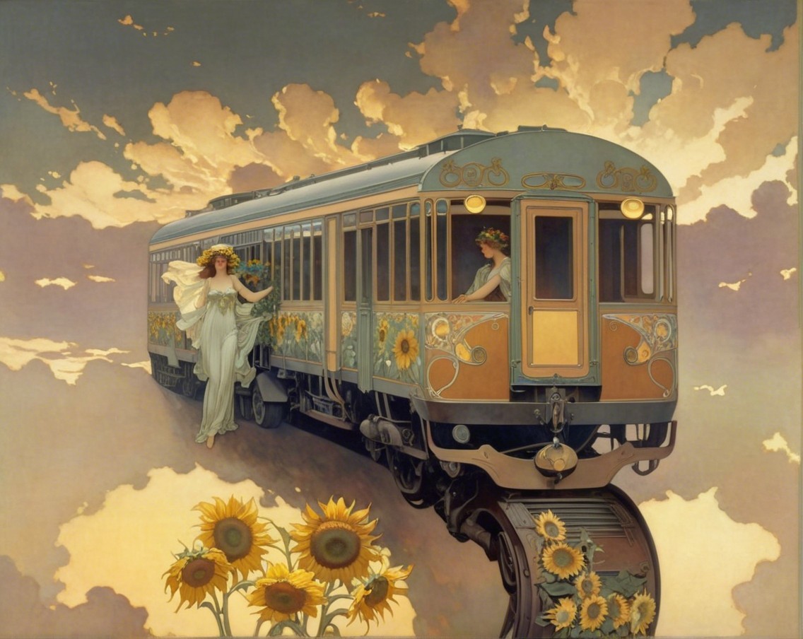 Vintage Train with Floral Motifs in Dreamy Landscape