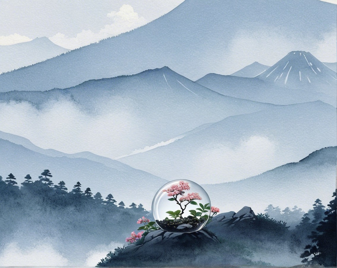 Serene Landscape with Misty Mountains and Glass Globe
