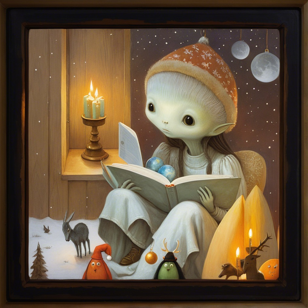 Elf or Alien Reading by Candlelight in Snowy Scene