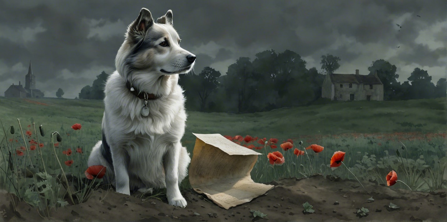 Serene landscape with dog, map, and vibrant poppies