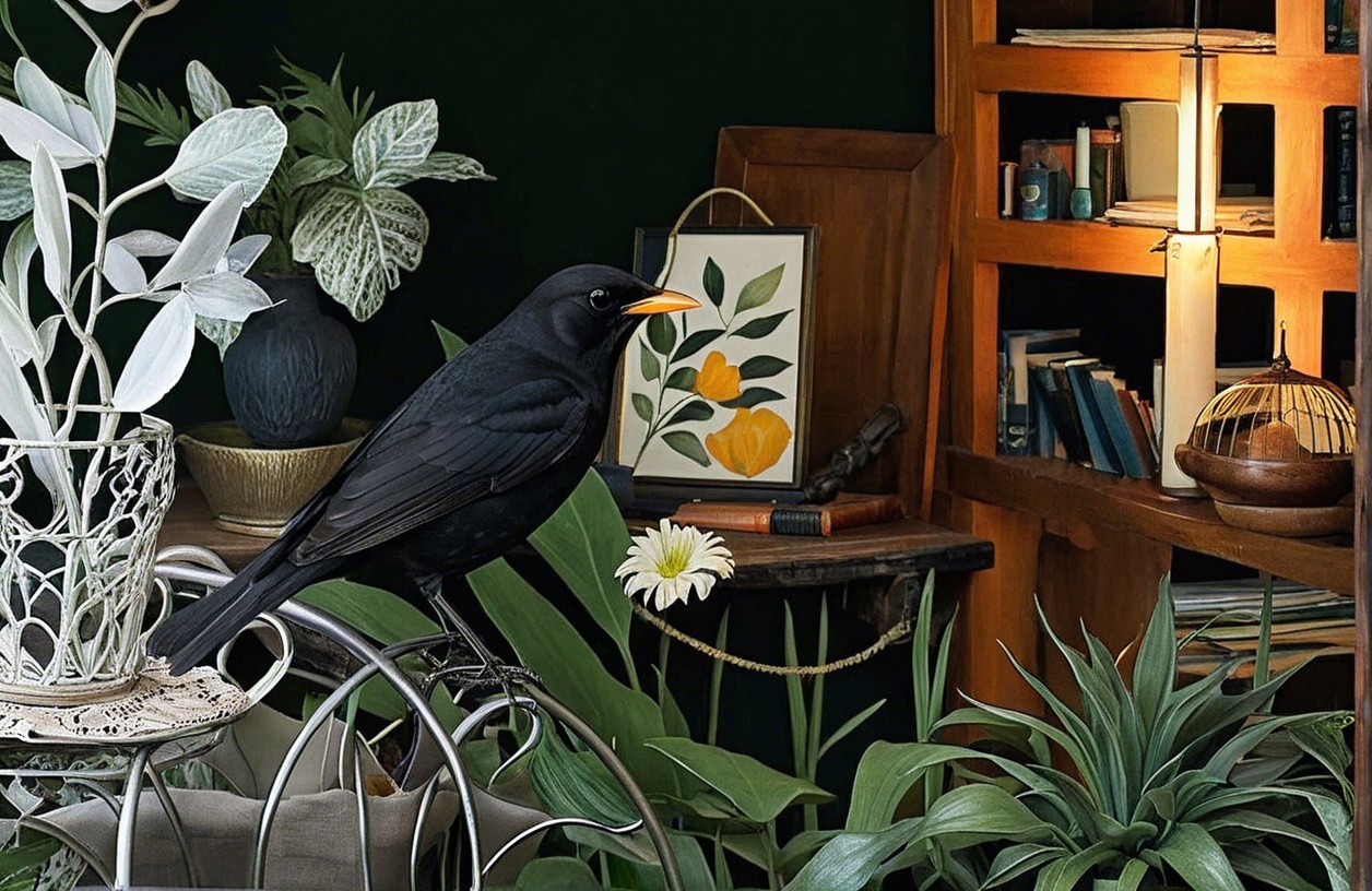Black Bird on Metal Stand in Cozy Indoor Setting