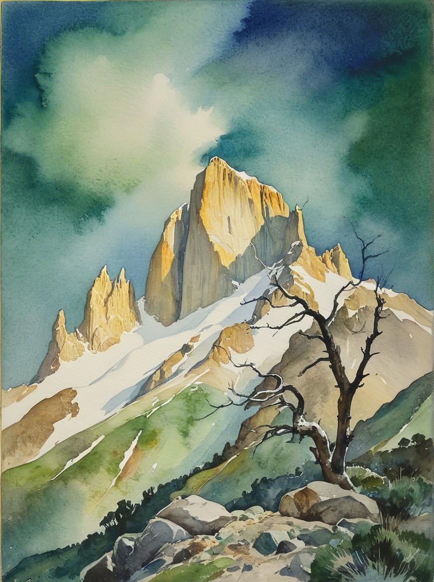 Watercolor of Majestic Mountain with Rugged Landscape