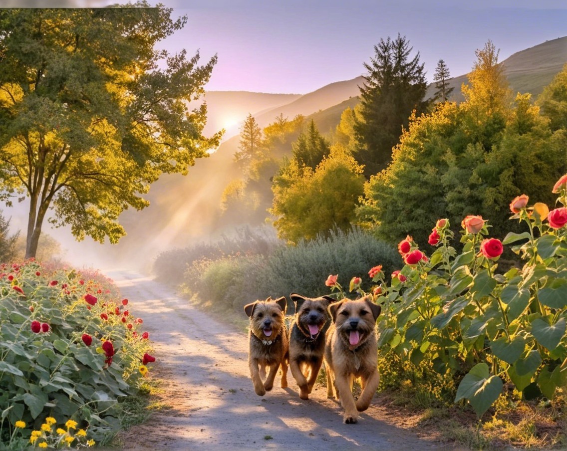 Happy dogs running in a scenic outdoor landscape