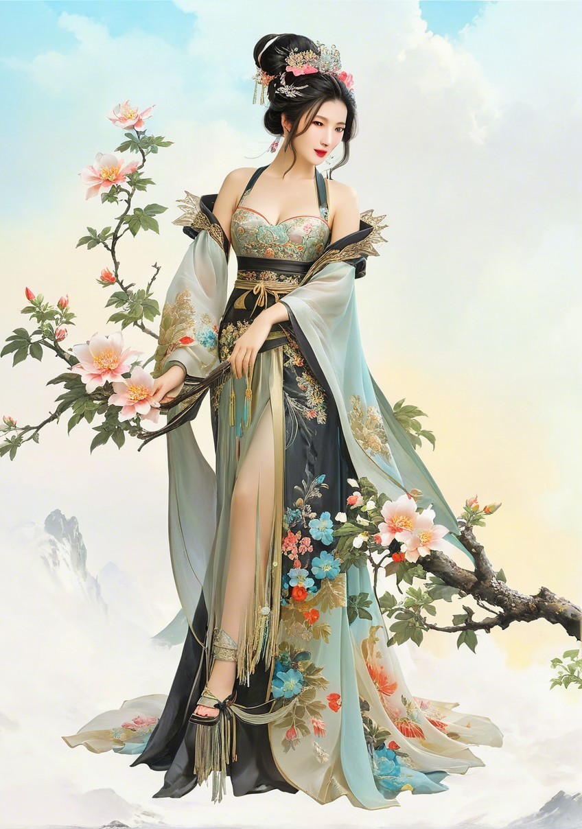 Graceful Figure Amid Blooming Cherry Blossoms and Gown