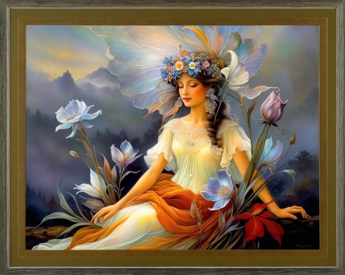 Ethereal Woman with Butterfly Wings in Garden Setting