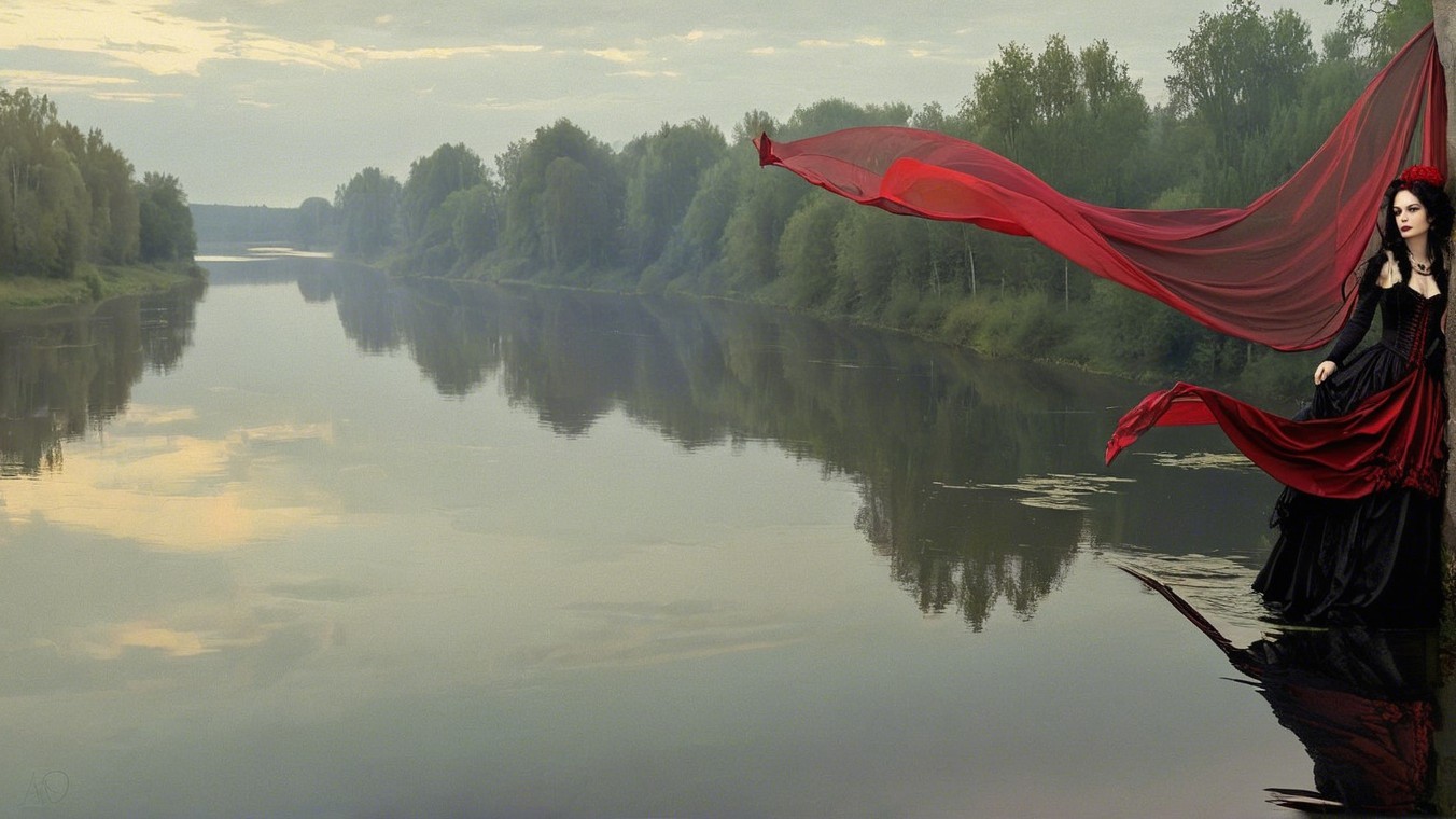 Graceful figure in dark gown on tranquil river