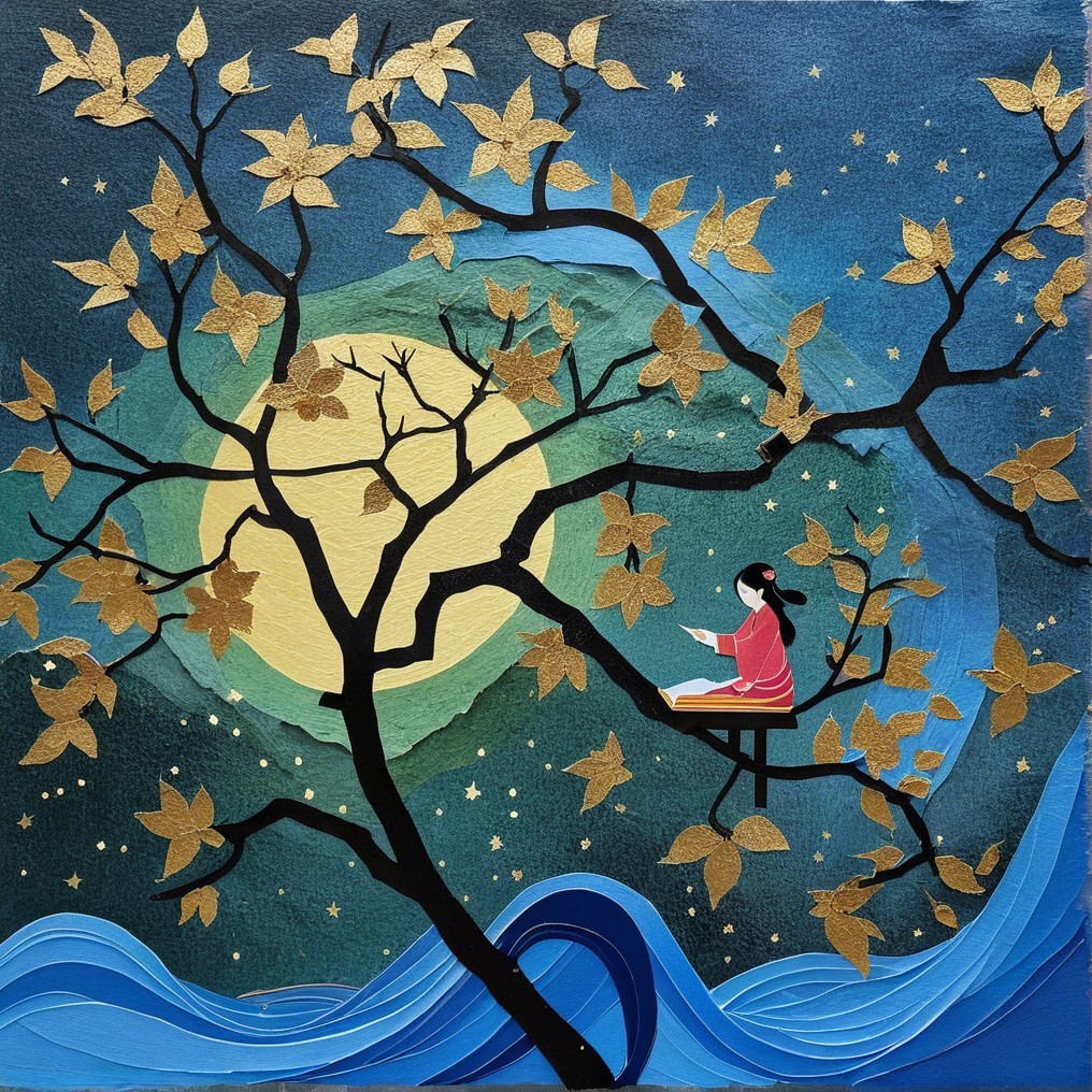 Traditional Attire Figure on Whimsical Tree Branch