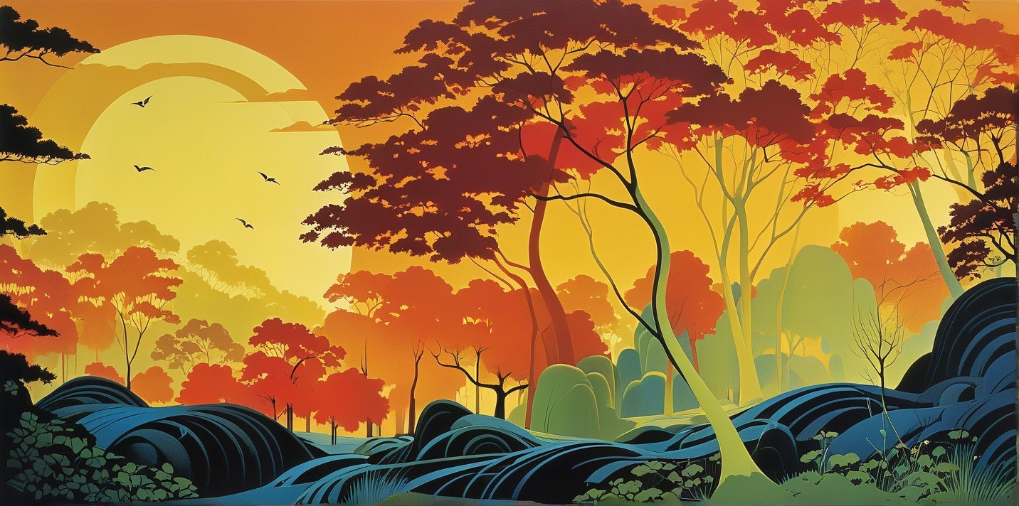 Vibrant Autumn Landscape with Stylized Trees and Sun