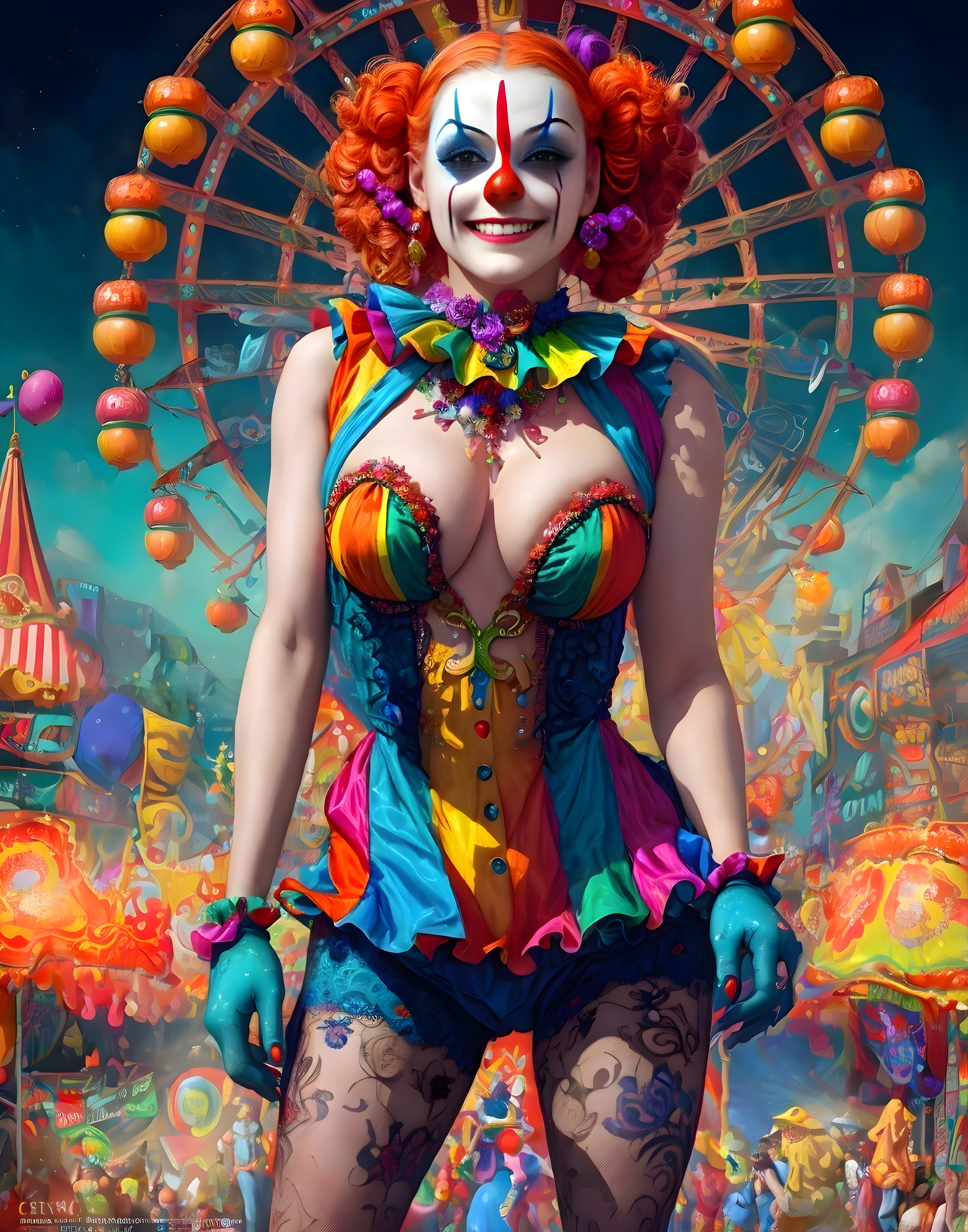 Colorful Female Clown with Vibrant Makeup at Carnival Ferris Wheel