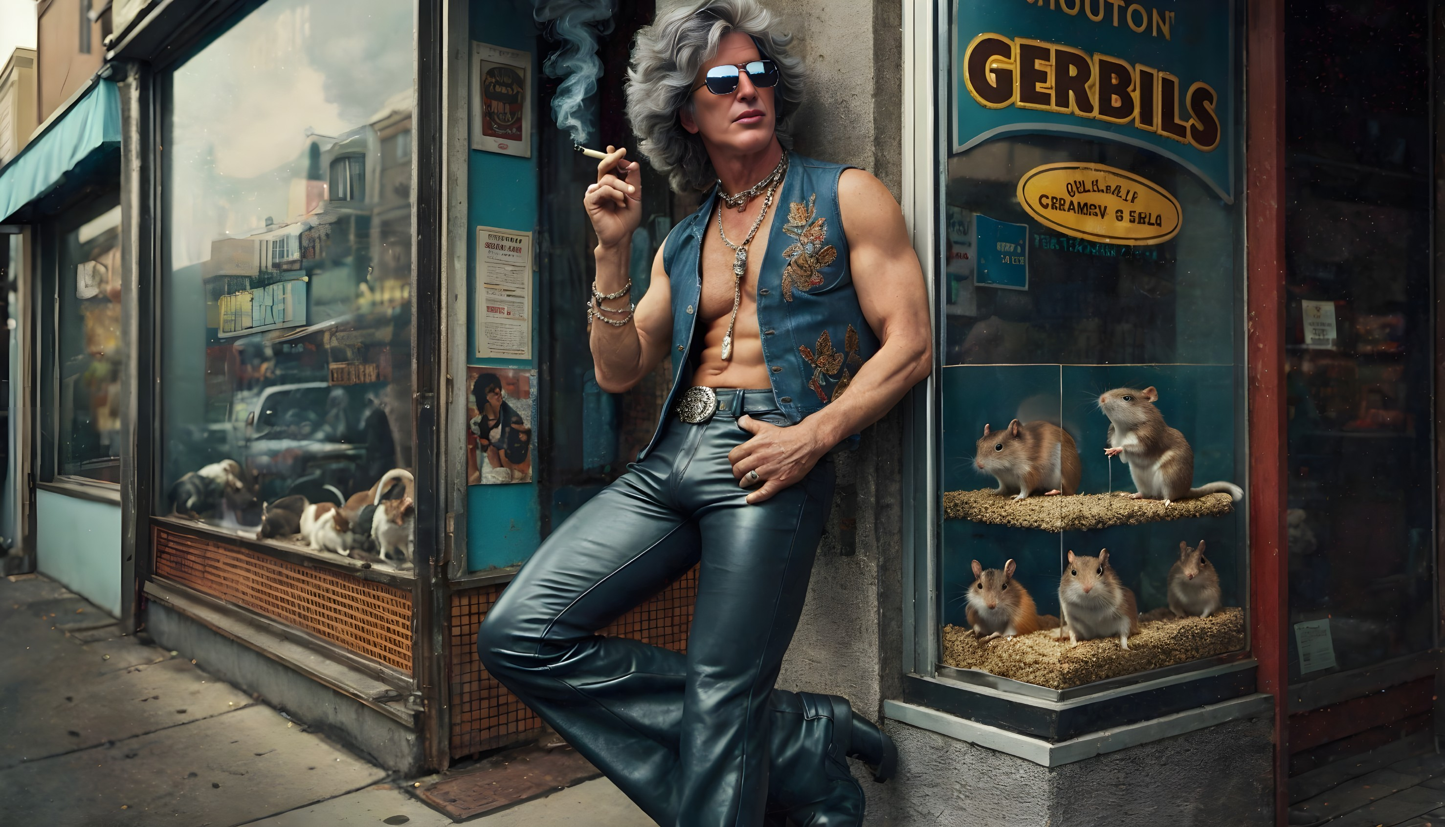 Retro Urban Scene with Silver-Haired Man and Gerbils