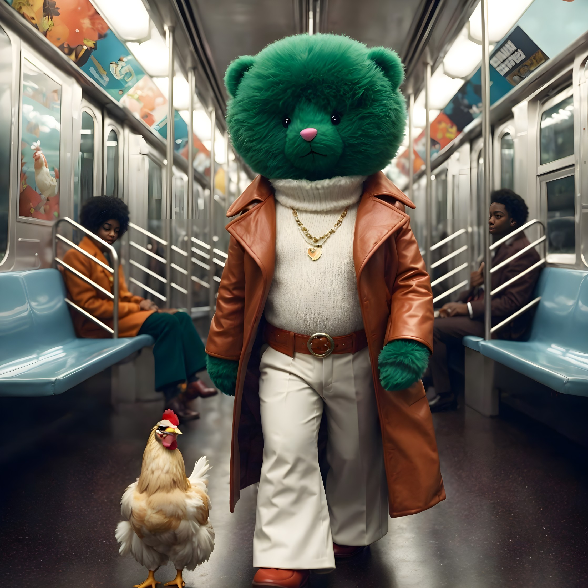 Green Teddy Bear with Chicken in Subway Car Scene