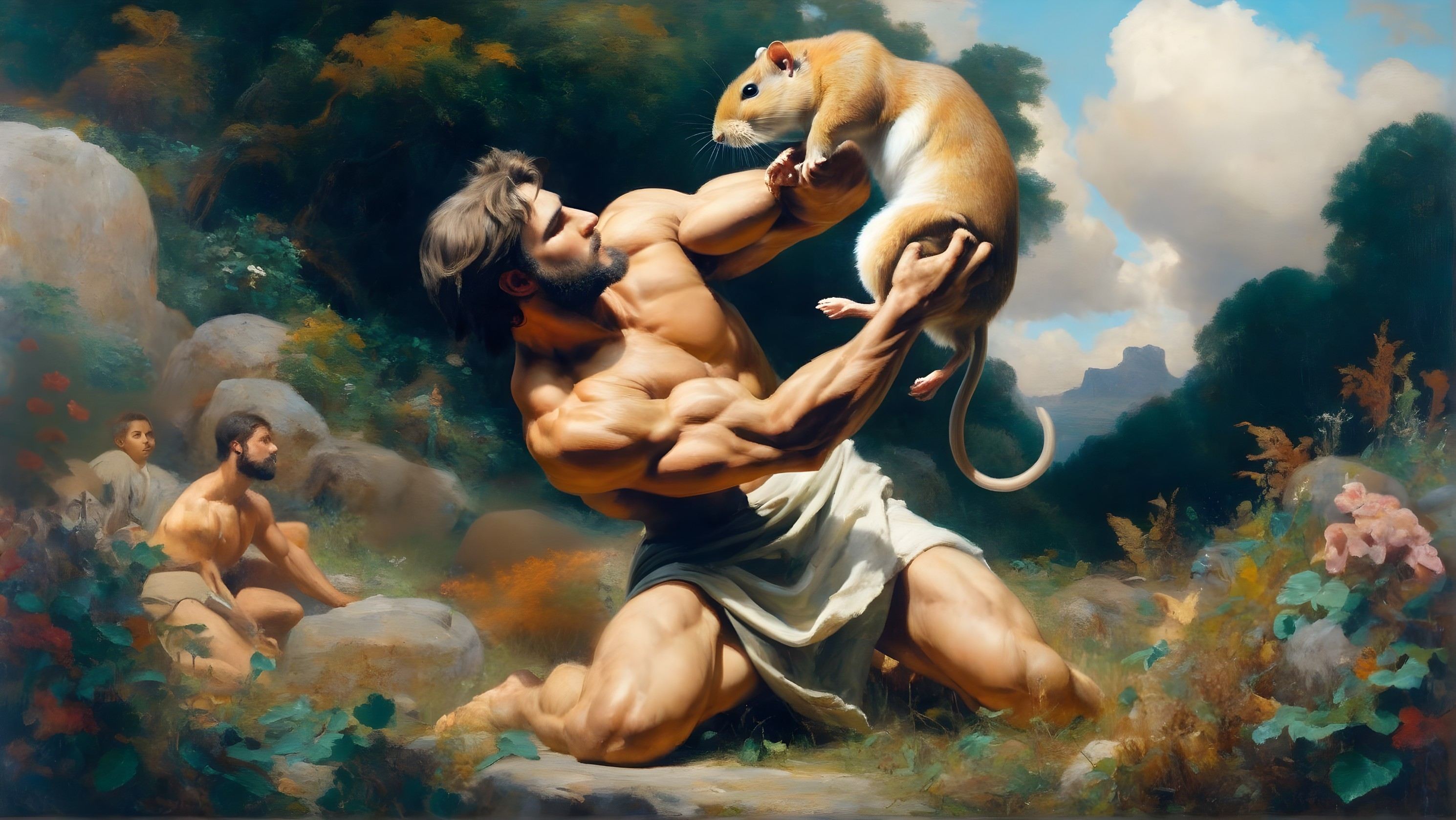 Muscular Man Lifting Rat in Fantastical Landscape