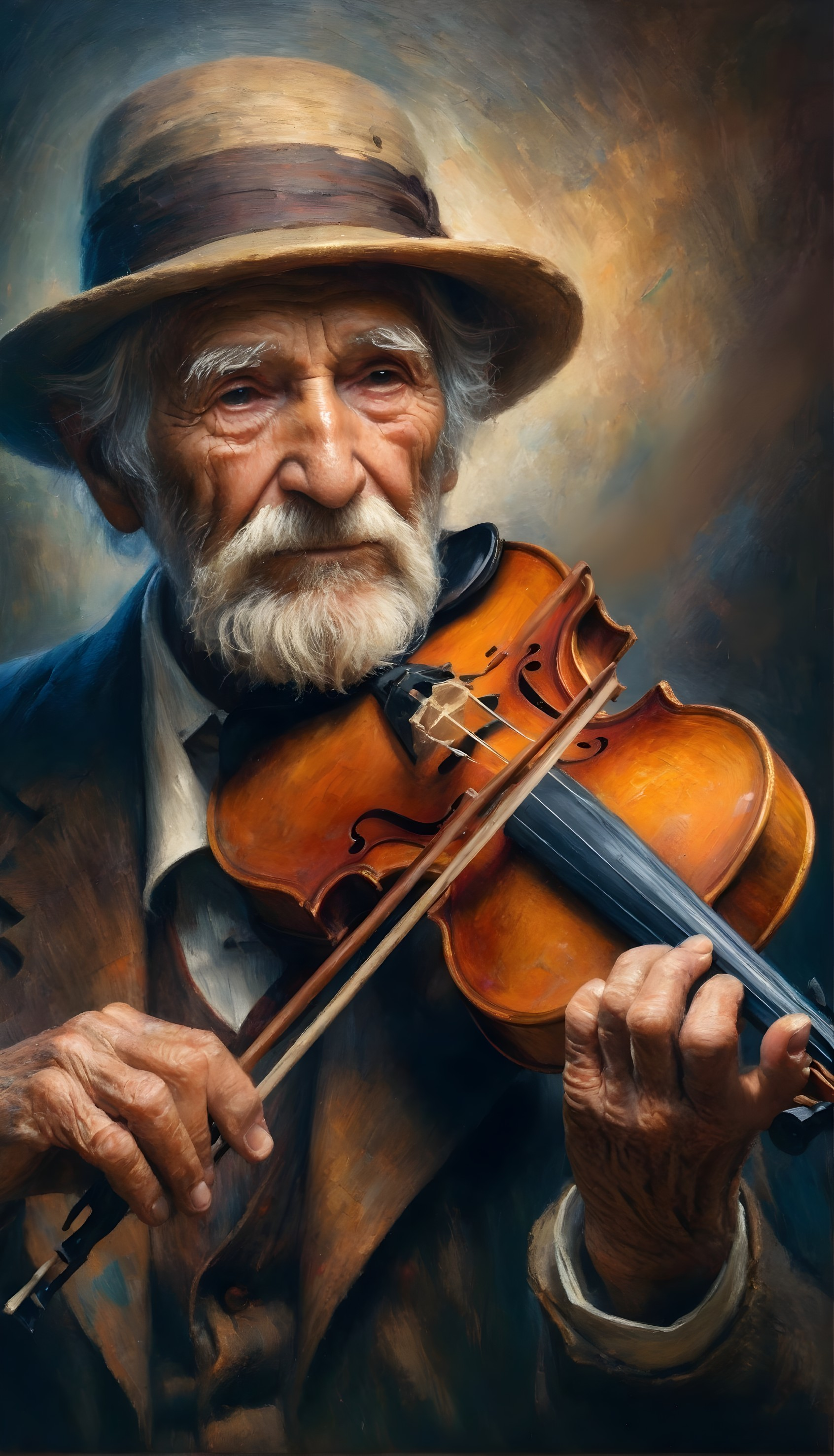 Elderly Man with Violin in Warm Nostalgic Lighting