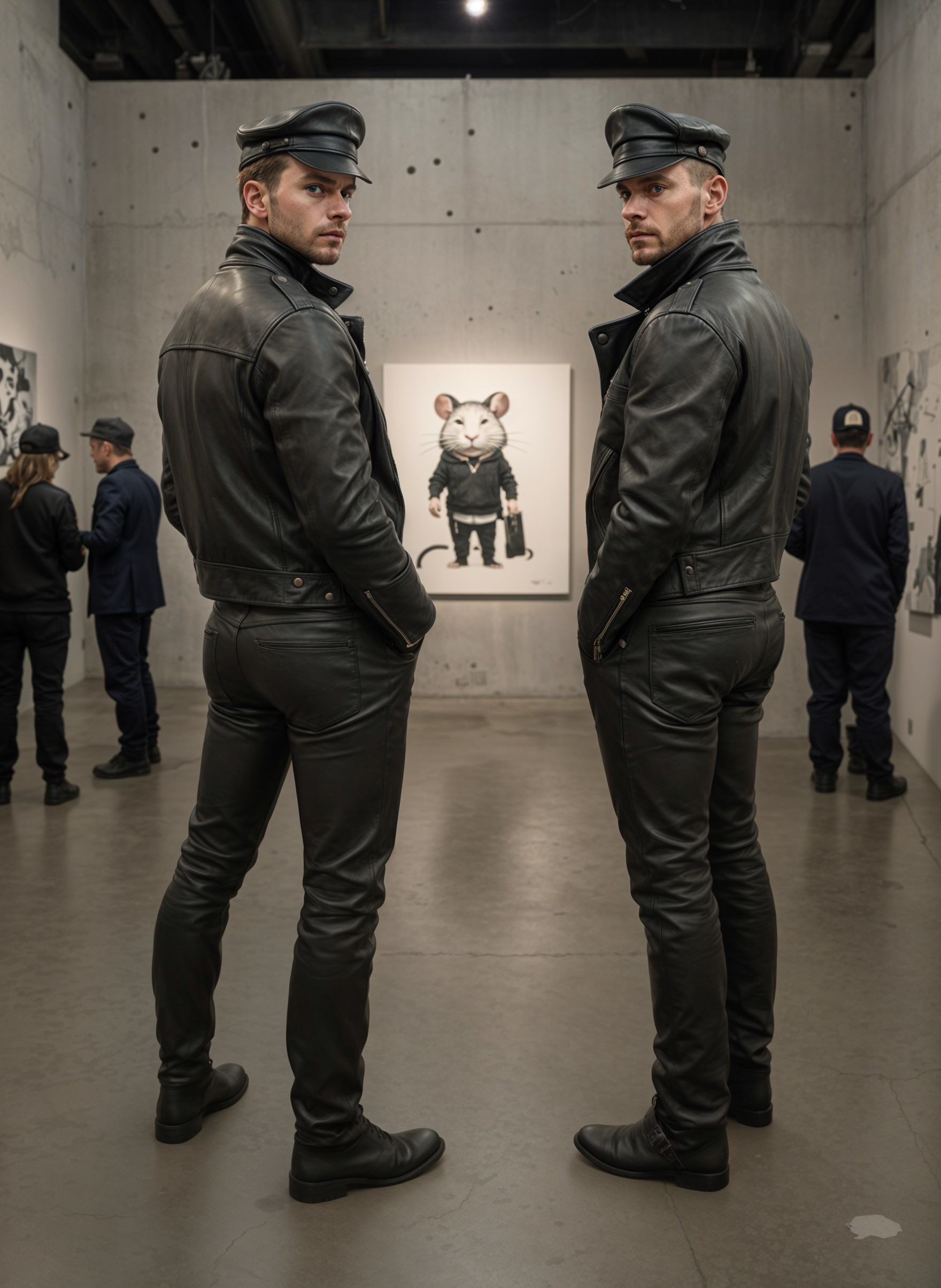 Men in Black Leather Outfits at Art Gallery
