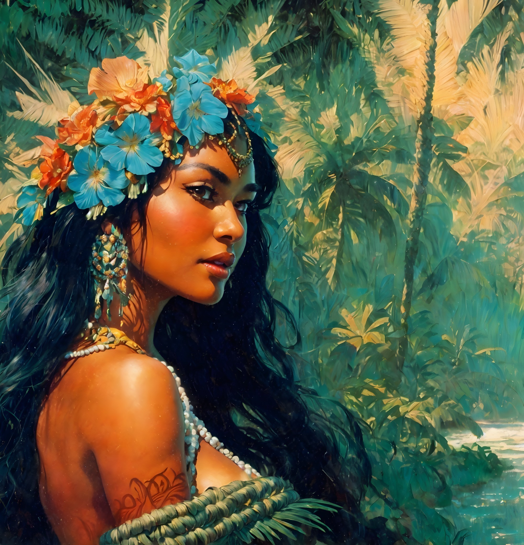 Portrait of a Woman with Floral Headpiece and Traditional Jewelry in Tropical Setting