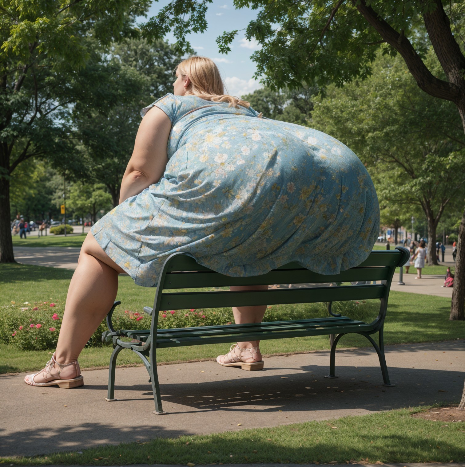 Woman in blue floral dress seated on park bench