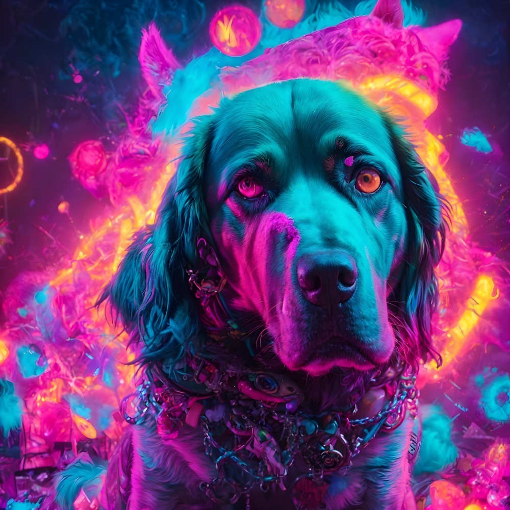 Colorful neon-lit portrait of expressive black dog surrounded by abstract shapes