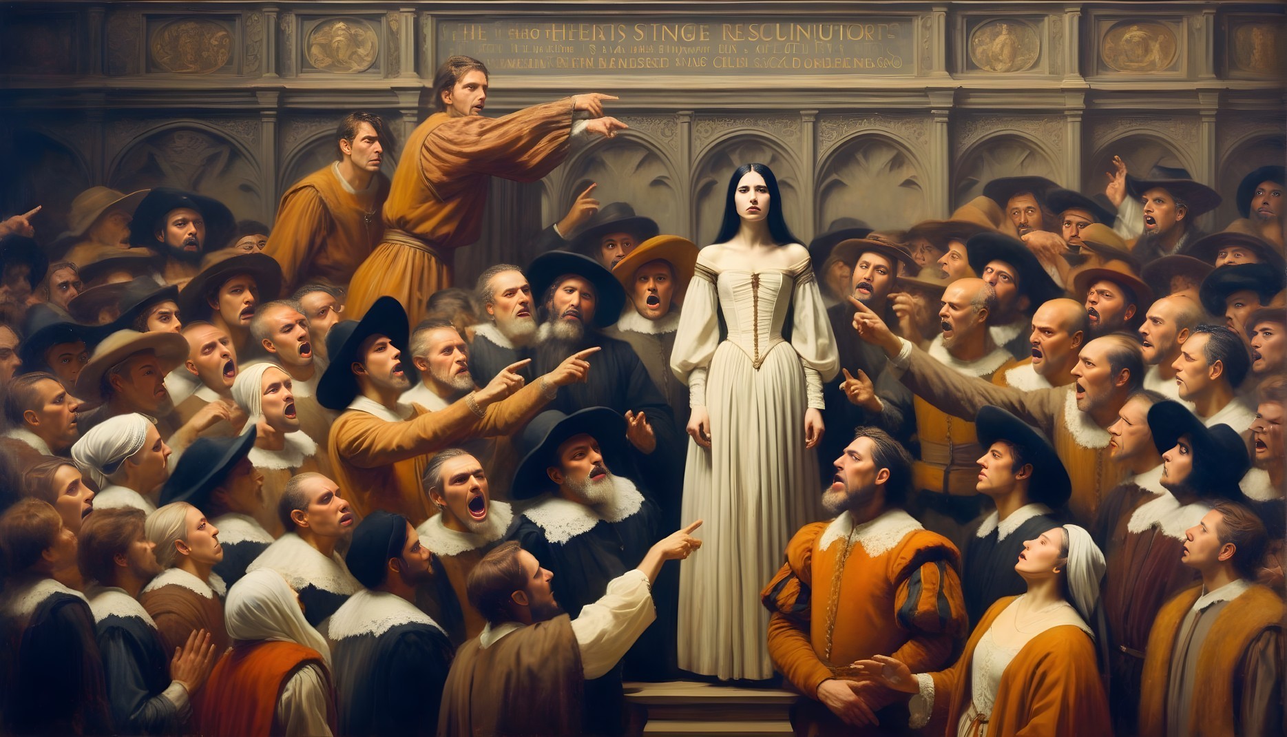 Pale Woman in White Dress Amidst Historic Gathering